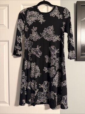 Black Floral Print 3/4 Sleeve Dress